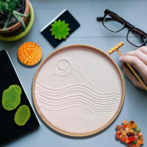 Threeheng Kit de jardim zen japonês para mesa, bandeja de terapia de meditação, jardim de areia de b