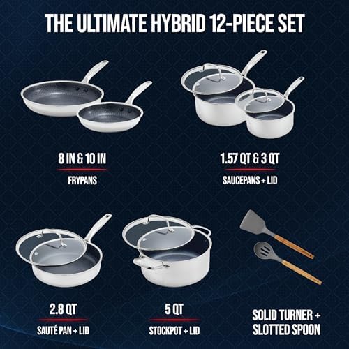 Blue Diamond Hybrid Nonstick Stainless Steel 12 Piece Cookware Set, Tri-Ply PFAS-Free Ceramic Diamond Bond Pots & Pans, Dishwasher & Oven Safe to 850F, Induction Ready, Metal Utensil Safe, Silver - Thumbnail 3