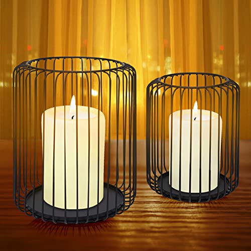 LOMUG Kerzenständer Metall Schwarz, 2 Pcs Kerzenhalter Groß Oval ø16x18cm/ø14x15cm Kreativ Modern Eisen Kerzenleuchter, Laterne Deko Windlicht Kerzen Ständer für Wohnzimmer Deko Schlafzimmer Weihnacht Cover