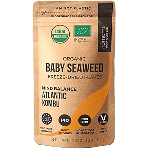 Organic Kombu Flakes - 1oz. Young Pure Seaweed Grown in North Atlantic. USDA Certified and Freeze-Dried Premium Quality. Soft Texture & Mild Taste. 140 Servings Cover