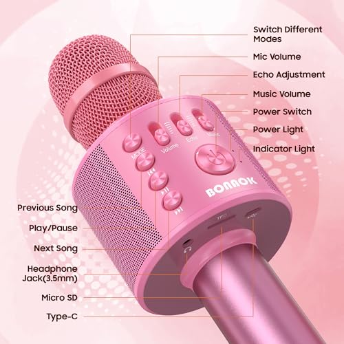 Image of BONAOK Wireless Bluetooth Karaoke Microphone,3-in-1 Portable Handheld Karaoke Mic Speaker Machine Home Party Birthday for All Smartphones PC(Q37 Pink)