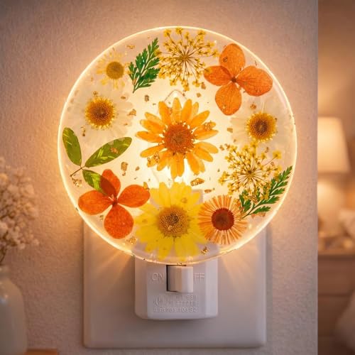 Image of Glooglitter Pressed Flower Night Light Plug in-Handmade Dried Floral Wall Night Light, Soft Glow Decorative Nightlight for Hallway Bedroom Nursery Bathroom, Vintage Botanical(Orange,Flower)