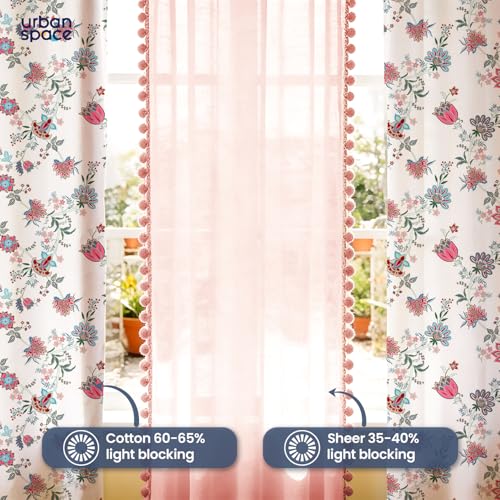 Image of Urban Space Printed 100% Cotton Curtain for Door, Cotton & Sheer Combo Set of 3 Curtains 8 Feet, Tieback & Eyelets Included with Curtains for Room Darkening (Passion Flower & Salmon Pink pom pom)