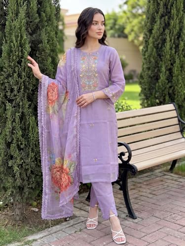 Image of INDO ERA Women's Silk Blend Embroidered Thread Work Kurta & Pant with Dupatta Set