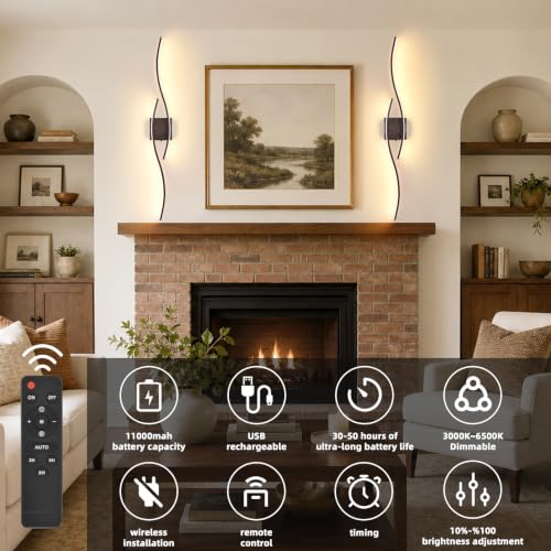 Image of Battery Powered Wall Sconces Set of 2, Walnut 39.4 inch LED Dimmable Wall Sconce with Remote Control /Timer /Memory, USB Rechargeable Wall Lights for Living Room Bedroom Hallway