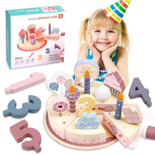 Farnirvana Jeu De Gâteau d'anniversaire en Bois, Jouet Enfant Aliment à Couper, Accessoires De Cuisine Séparables Et Combinables, pour Filles Garçons 3 4 5 Ans