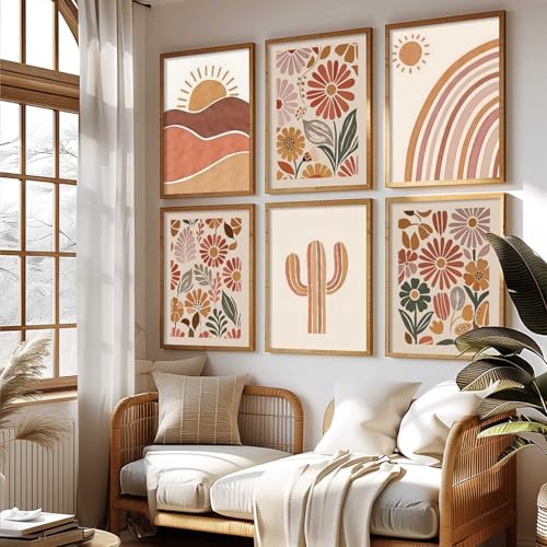 Image of kotart Boho Painting Wall Art Home Decoration Paintings With Frame For Living Room Bed Hotel Decor Digital Reprint Set Of 6 (14X20 Inch)