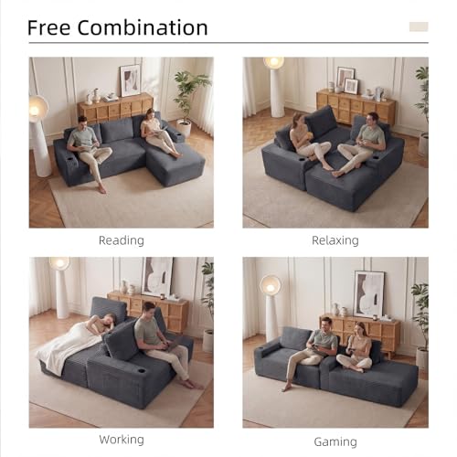 Image of 104 inch L Shaped Boneless Sectional Couches for Living Room, Comfy Corduroy Floor Cloud Sofa with Chaise and Cup Holder, Wide Armrest, Deep Seat, Assembly Free, Ideal for Small Spaces, Grey