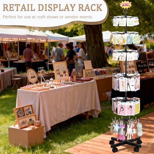 Image of Retail Display Stand Store Display Rack 6 Tier Metal Spinning Display Stand Rack with Wheels Keychain Jewelry Stocking Hat Stand with Hooks for Malls, Showroom, Retail Store (6 Tier Black)