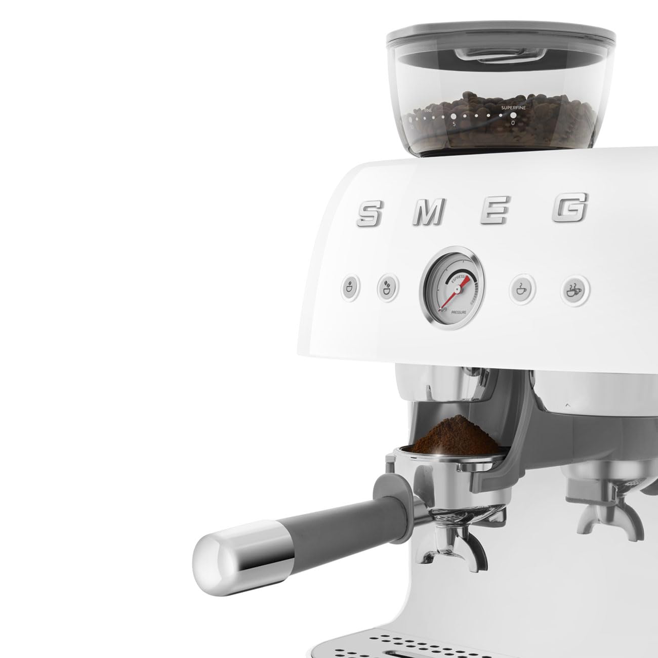 Smeg, EGF03WHEU, manuelle Espressomaschine, mit integrierter Kaffeemühle, Thermoblock, 4 Temperaturstufen, Dampfdüse und Druckmesser, 1-l-Tank, kompakte Größe, 1350 W, Weiß