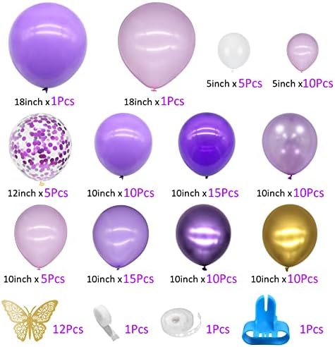 114Pcs Purple Balloons Garland Arch Kit Light Purple Macaron Purple Balloons White Purple Confetti Latex Metallic Balloons with Gold Paper Butterfly for Women Girl Birthday Party Decorations Supplies