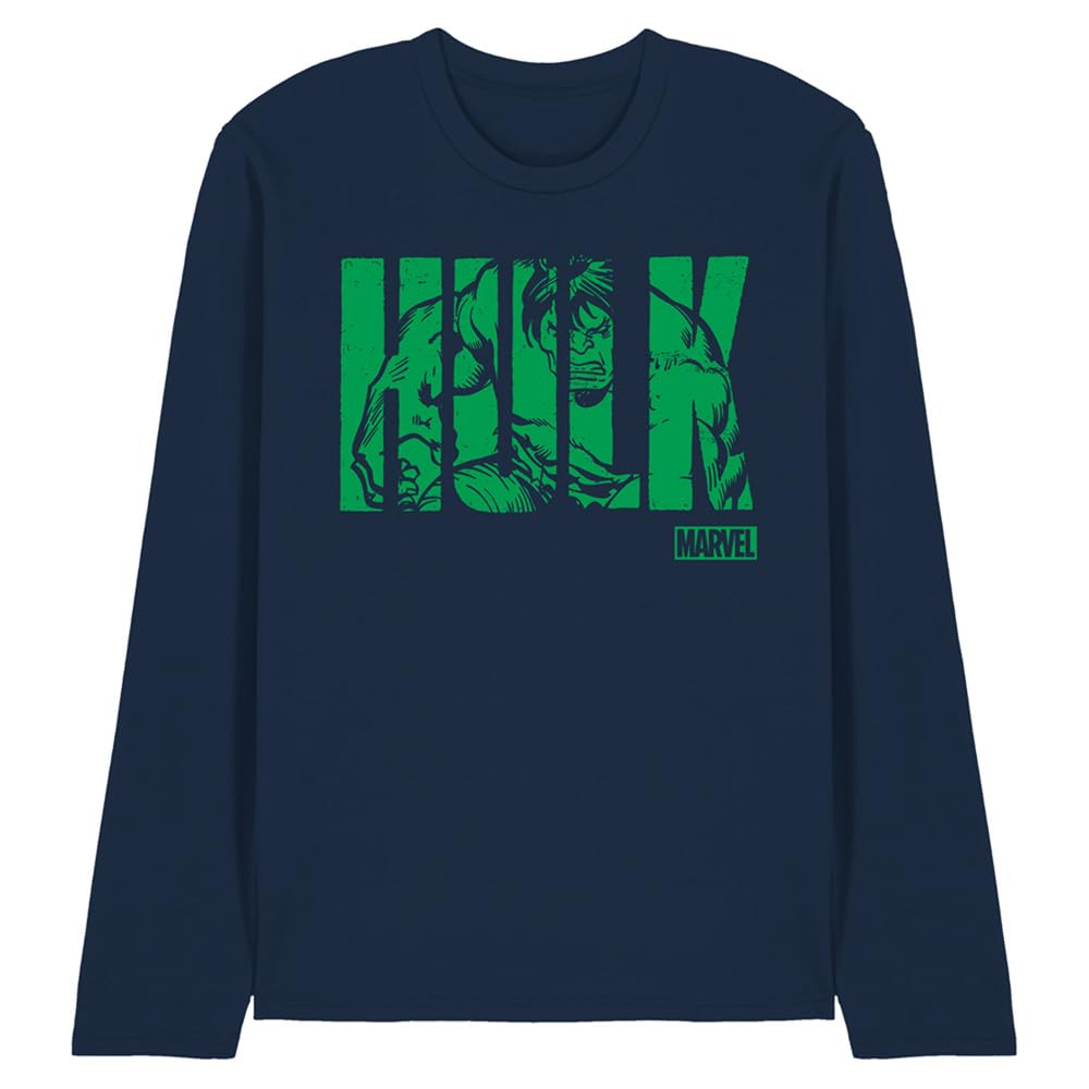 Hulk Marvel Text Unisex Long Sleeve T Shirt, Navy, XX-Large