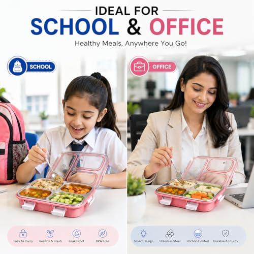 Image of 950ML Stainless Steel Bento Lunch Box |3 Compartments, Leakproof Tiffin Box with Spoon & Fork for School | Office & Travel (Pink)