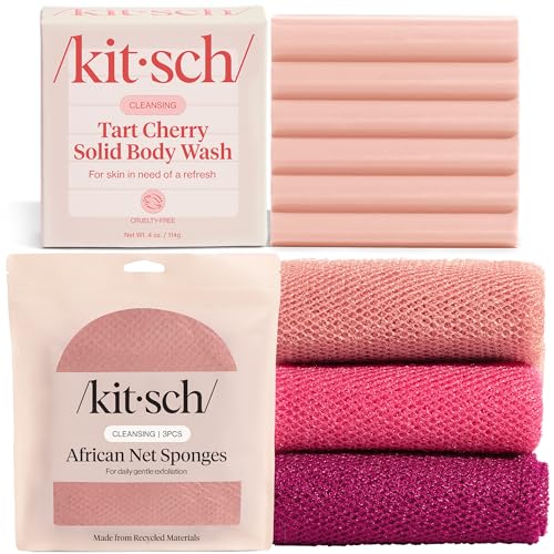 Kitsch Tart Cherry Soap Bar & African Net Sponge 3-Pack – 2-Piece Body Care Shower Set image 4