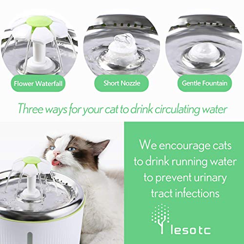 lesotc Cat Fountain Stainless Steel 68oz/2L Pet Water Fountain Ultra Quiet 2 Ways to Drink Dog Water Fountain Automatic Drinking Cat Water Dispenser Dog Fountain LED Light with 2 Replacement Filters - Thumbnail 4