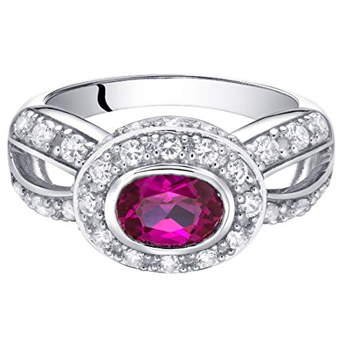 PEORA Created Ruby Ring in Sterling Silver, Vintage Halo Design, Oval Shape, 7x5mm, 1 Carat total, Comfort Fit, Sizes 5 to 93