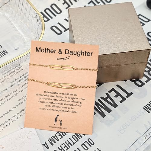 Mother Daughter Bracelets Set – 18K Gold Plated Bracelets for Women,Double-clasp Linked Bracelet Gifts for Mom from Daughter, Birthday, Christmas, Mother's Day Gifts for Mom (2-Pack) 5