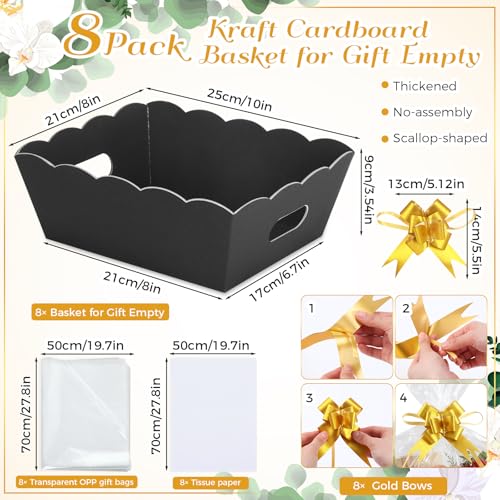 Image of Fuyoooo 8 Pack Black Basket for Gifts Empty to Fill, 10 inch x 8 inch Thick Sturdy Kraft Scalloped Edge Gift Basket with Handle, 8 Wrap Bag 8 Bow 16 Tissue Paper for Christmas Wedding Birthday Wrapping Gift