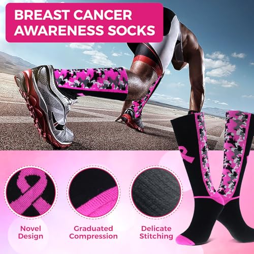 1 or 12 Pairs Breast Cancer Awareness Socks Bulk Set，Thick Camouflage Pink Ribbon Football Socks for Events, Youth & Adult3