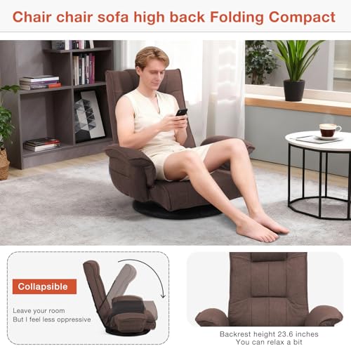 Image of Ergonomic Swivel Floor Gaming Chair with Armrests & Side Pockets, 6-Position Reclining Sofa Bed, Foldable Padded Lounger with Thick Cushion & Lumbar Support for Esports, Reading, TV Watching (Brown)