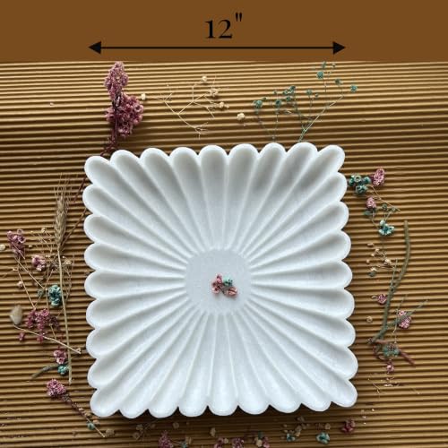 Image of Marble Urli Bowl for Decoration | Big Potpourri Decorative Bowls in Home decor | Large White Floating Flower Plates of Stone | Small Shape puja Item | (12 inch, Scalloped)