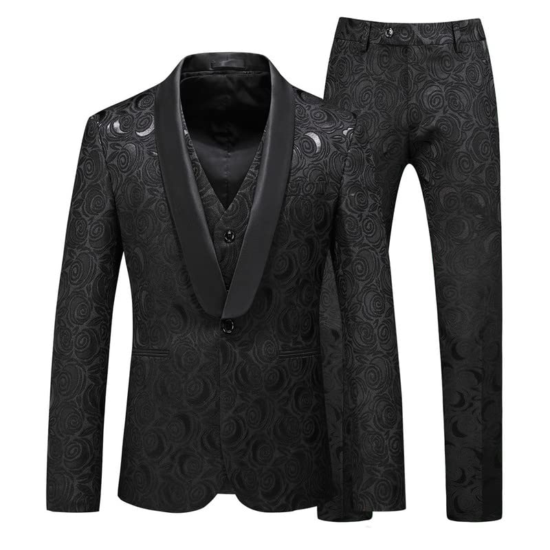 KISSQIQI Mens Solid Color Slim Fit 3 Piece Suit 1 Button Casual Flowers Wedding Dress Suits