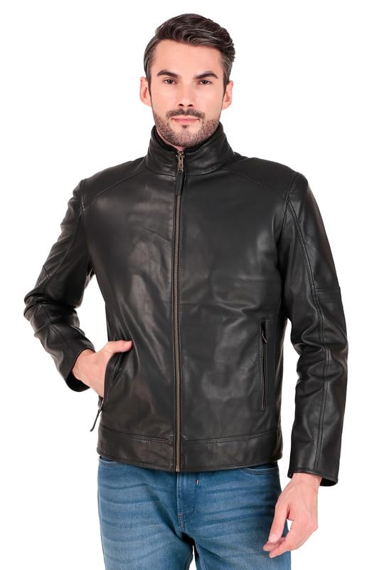Leather Retail Genuine Leather Solid Biker Jacket for Men