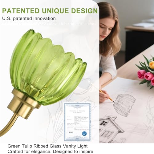 Image of Bathroom Light Fixtures (3-Light, 20 Inch), Brushed Gold Vanity Lights for Bathroom with Ribbed Green Tulip Glass Shade, Vintage Vanity Wall Lights for Mirror Bedroom Living Room Hallway