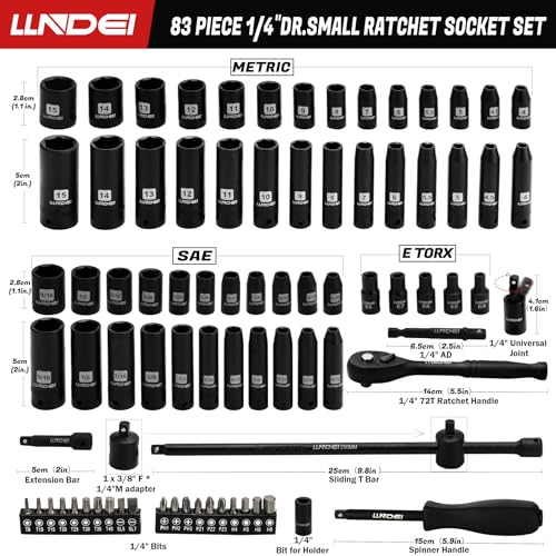 Image of LLNDEI 1 /4 inch Drive Impact Socket Set 83 Piece,Standard SAE(5 /32-9 /16 inch) Metric Size(4-15mm),72T Ratchet Wrench Handle,CR-V Mechanics Tool Set with Adapter,Screwdriver Bits for Automotive Repair