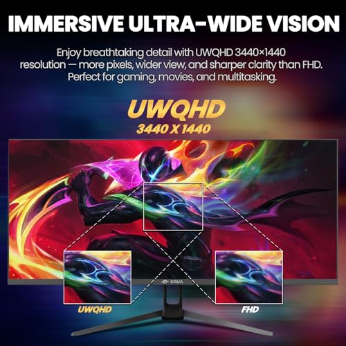 Image of CRUA 34'' Gaming Monitor 165Hz /144Hz, UWQHD 3440x1440P IPS Ultrawide Screen Computer Monitors with Built-in Speakers, Supports FreeSync, 120% sRGB, PIP /PBP, HDMI2.0 & DP1.4, Wall Mount&Tilt Adjustable