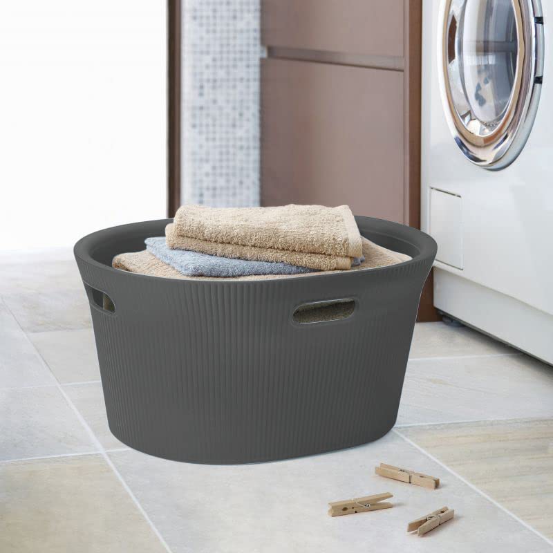 Image of Superio Ribbed Collection - Decorative Plastic Laundry Basket with Cut-Out Handles, Grey (2 Pack) Hamper Organzier for Bedroom Bathroom College Dorm Room 35 Liter