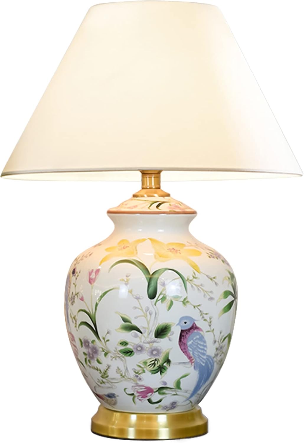 Chinoiserie Ceramic LED Table Lamp, American Flower&Bird Bedside Lamp, Classic White Fabric Lampshade Desk Nightstand Lamp for Bedroom Living Room Office College Bookcase
