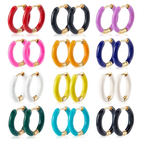 DICOSMETIC 24Pcs 12 Colors Colorful Enamel Hoop Earrings Golden Huggie Hoop Earrings 12mm Small Cute Statement Earrings Stainless Steel Earrings Set Fashion Jewelry for Women
