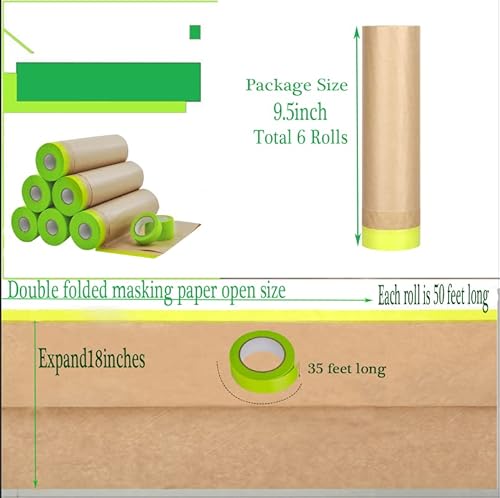 Paint Masking Paper -Unfold 18 Inch X 50 Feet Tape And Drape Painters Paper, Masking Paper For Painting Cars And Auto Body,Floor Protection, Wall Covering(6 Rolls Of Masking Paper And 3 Rolls Of Tape) #TOP1