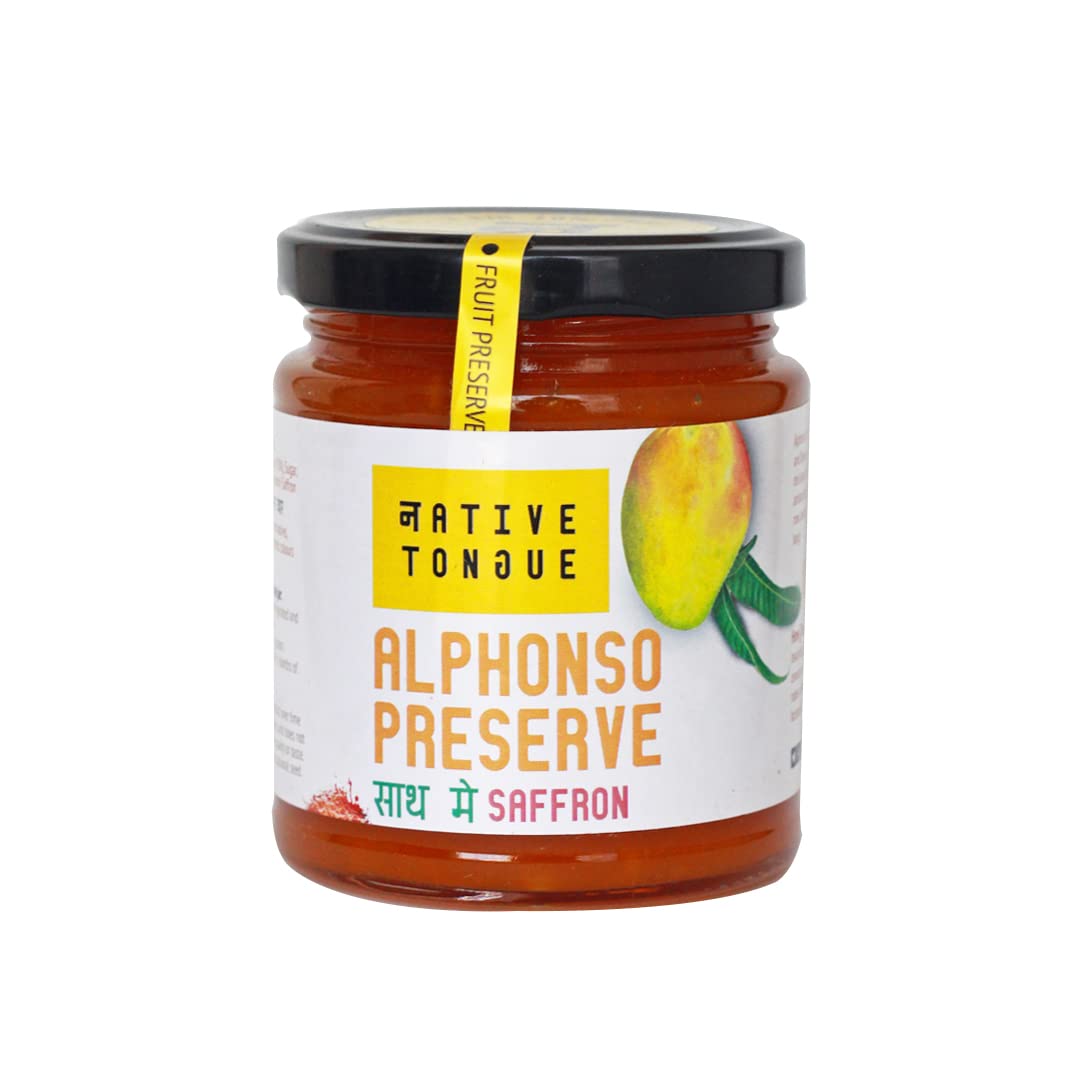 Native Tongue Alphonso Preserve with Saffron | 70% Fruit - Natural Alphonso Jam | Pure Saffron | No preservatives | Enjoy Goodness of Hapus Aam | 100% Natural | Vegan | Dairy Free | 200 GMS