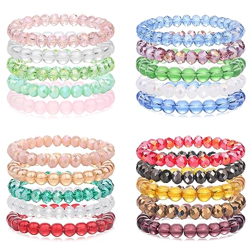 8mm Beaded Bracelets Bulk Stone Crystal Bracelet for Women Stretch Elastic 20pcs Set