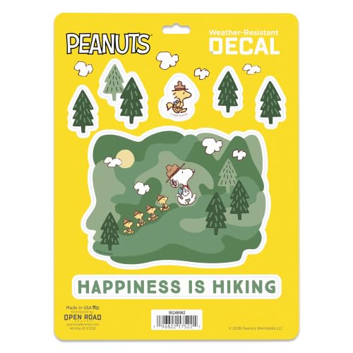 Image of Peanuts Snoopy Happiness is Hiking Adhesive Vinyl Decal Pack | Fun Stickers for Laptop or Water Bottle, 1 pack (7 count)