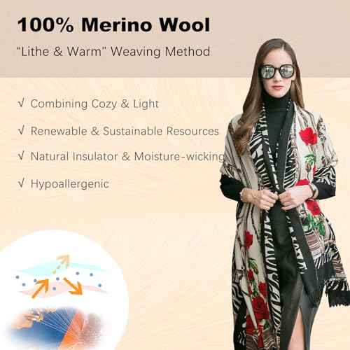 DANA XU 100% Merino Wool Pashmina Shawl for Women 96"x43", Oversized Cashmere Wrap with Tassels, Floral Travel Blanket Cape4