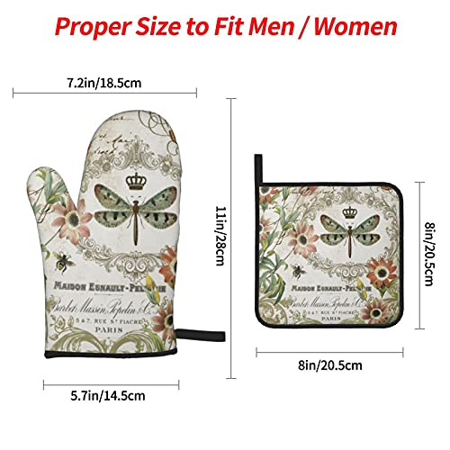 Vintage French Dragonfly Oven Mitts And Pot Holders Sets 4 Pcs Set, Heat Resistant Soft Cotton Lining With Non-Slip Surface Oven Gloves For Kitchen Cooking Baking Bbq #TOP4