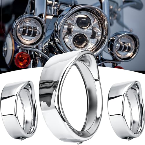 Motorcycle Lights Ring Kit, 7" Headlight & 4.5'' Fog Light Visor Trim Ring, Chrome, Sunshade Functionality,For Harley Touring Road King Street Glide Electra Glide 2014-up
