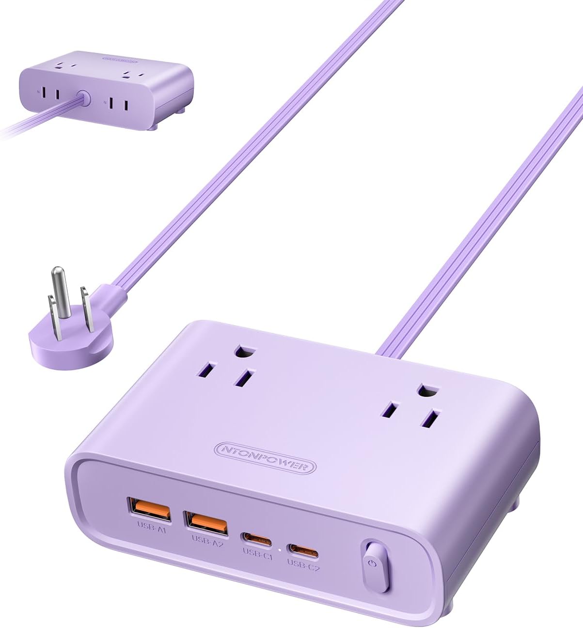 NTONPOWER Purple Flat Plug Power Strip, 25W Max 8-in-1 with 4 AC, 4 USB(2 USB C) 5ft Flat Extension Cord, Power Strip with USB Ports, Outlet Extender for Home Office, School Dorm Room Essentials image 3