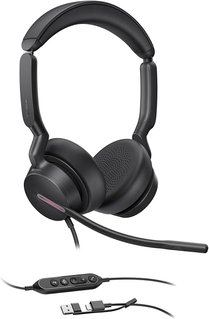 Yealink UH46 USB-C/USB-A Headset with Mic, Wired Headphones with 3 Noise Cancelling Microphones for PC/Computer/Laptop, Teams Certified, in Line Controls for Home Office Online Meetings, Plug & Play