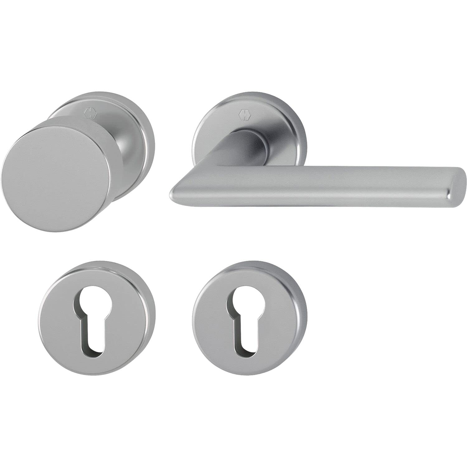 HOPPE Zestaw klamek Stockholm - klamka do drzwi + gałka stała na okrągłej rozetie PZ do drzwi o grubości 37-47 mm, efekt aluminium ze stali szlachetnej