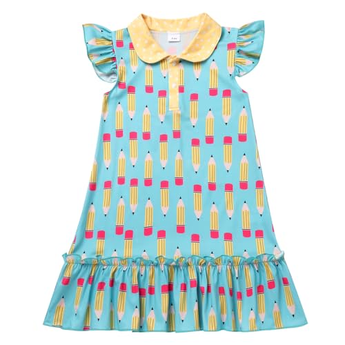 ODASDO Girls Back to School Dress Pencil Printed Causal Flutter Sleeve Ruffle Bottom A-line Swing Twirly Dress
