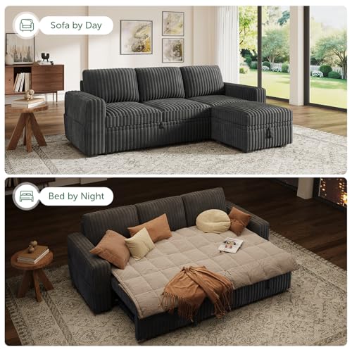 Image of HONBAY Modular Sectional Sofa with Pull Out Bed,Corduroy L Shaped Sleeper Sofa with Storage, Sectional Couches for Living Room,Dark Grey