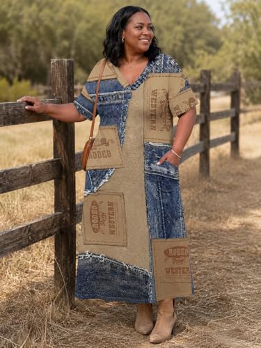 Image of SUZONANA Plus Size Denim Print Maxi Dresses for Women Casual V Neck Short Sleeve with Pockets Soft Jean Look Dress XL-6XL