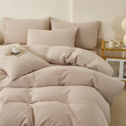 Image of EAVD Tan Plaid Gingham Duvet Cover Full Soft 100% Washed Cotton Reversible Tan and White Plaid Duvet Cover with 2 Pillowcases Farmhouse Ginggham Bedding Set with Zipper Closure
