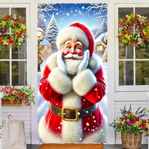 Image of BlissYard Christmas Door Cover Decoration Surprised Santa Snowy Scene 35x71 Inches Front Door Banner Xmas Hanging Decor for Home Holiday Christmas Photo Backdrop Winter Festival Supplies
