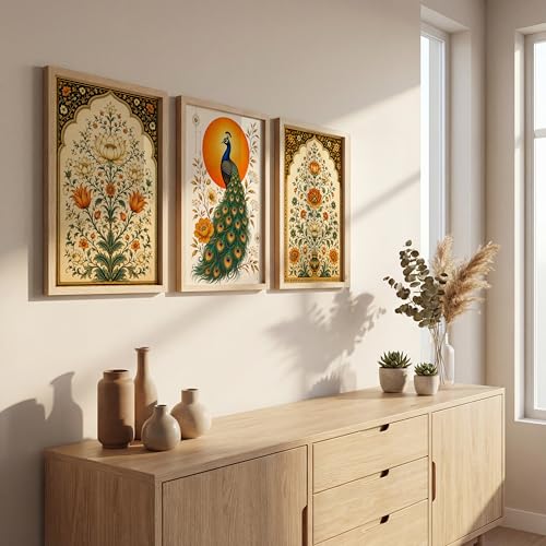 Image of NoWorries Floral Peacock Wall Art Set of 3 Framed Prints | Indian Traditional Botanical Painting, Royal Peacock & Lotus Flower Poster, Vintage Rajasthani Wall Decor for Living Room Bedroom Home (Synthetic Engineered Wooden Frame) (MIN -1, 10x13 inches)