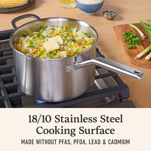 Image of Calphalon Brushed 3-Ply Stainless Steel Cookware Set w /Turbo Heat Tech 4.5Qt Sauce Pan with Lid, Induction, Oven Safe 450F, Brushed Satinless Silver
